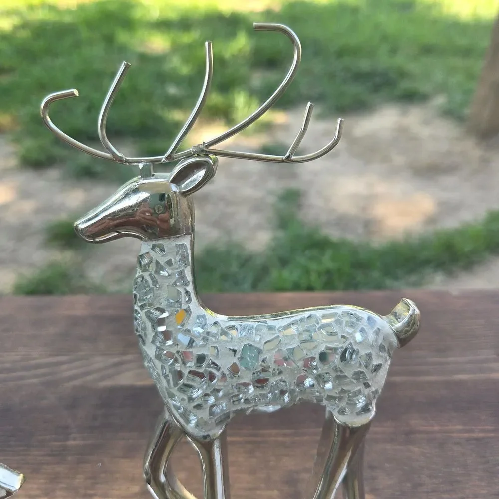 Set of 2 Silver Glass Mosaic Stocking Holders Reindeer Christmas Tree Mantel